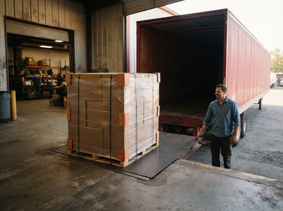 A strapped and shrink-wrapped pallet load standing on a dock plate with a trailer backed into the open dock door behind it